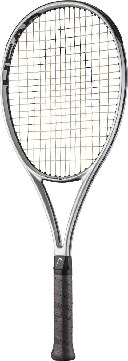 The HEAD Arthur Ashe Competition 2025 Tennis Racket - Silver features a sleek black and silver design with a black grip and tightly strung strings, displayed against a white background—crafted by HEAD for the 2025 event.