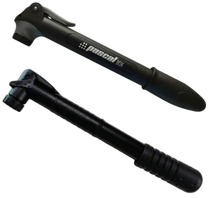 Two compact black Bullpadel Pascal Tennis Ball Pressuriser - 3 Ball Tube pumps with handles and nozzles, displayed against a white background—ideal for keeping tennis balls game-ready.