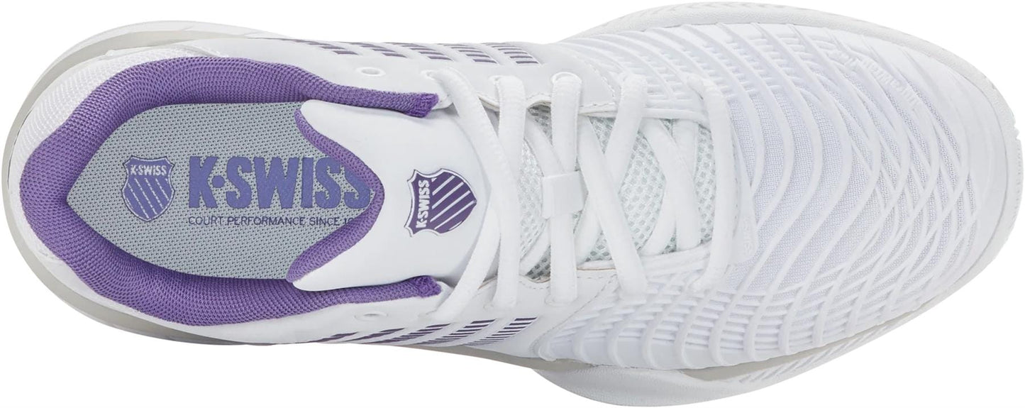 Top view of the K-Swiss Express Light 3 Women's Tennis Shoes in White/Purple Haze/Lunar Rock, featuring a textured mesh upper with white laces and purple accents for a lightweight, durable option.