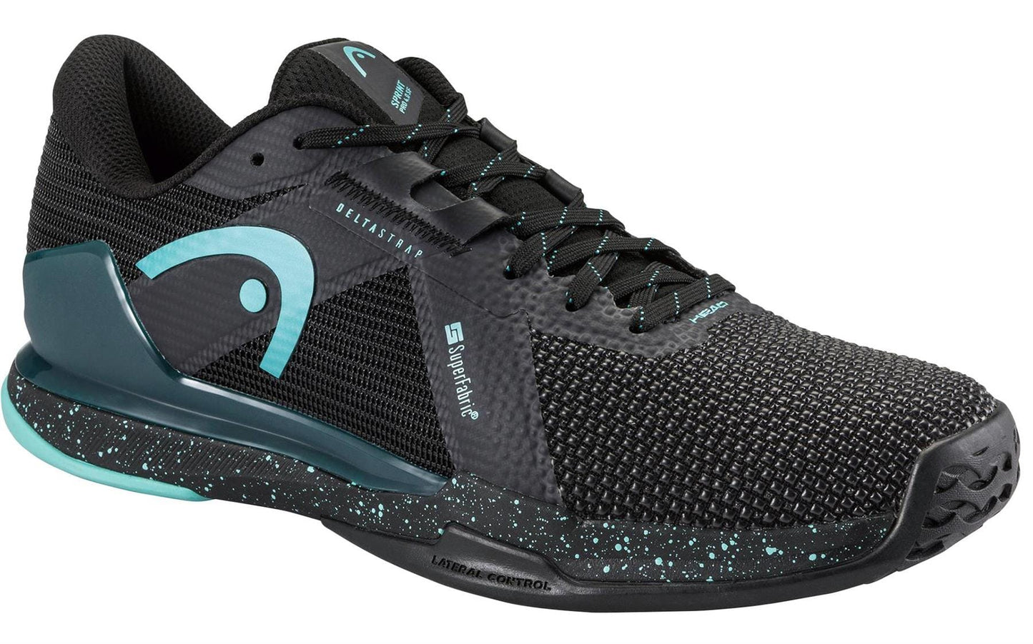 The HEAD Sprint Pro 4.0 SF Men's Tennis Shoes in Black/Teal feature a mesh upper, turquoise accents, speckled midsole, and SuperFabric label—perfect for men seeking stylish and durable tennis shoes by HEAD.