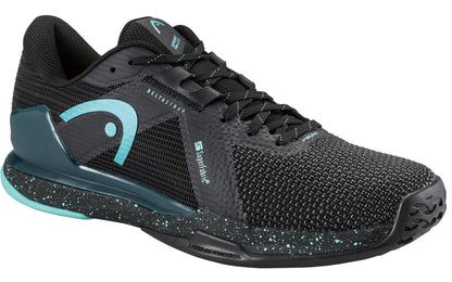 The HEAD Sprint Pro 4.0 SF Men's Tennis Shoes in Black/Teal feature a mesh upper, turquoise accents, speckled midsole, and SuperFabric label—perfect for men seeking stylish and durable tennis shoes by HEAD.