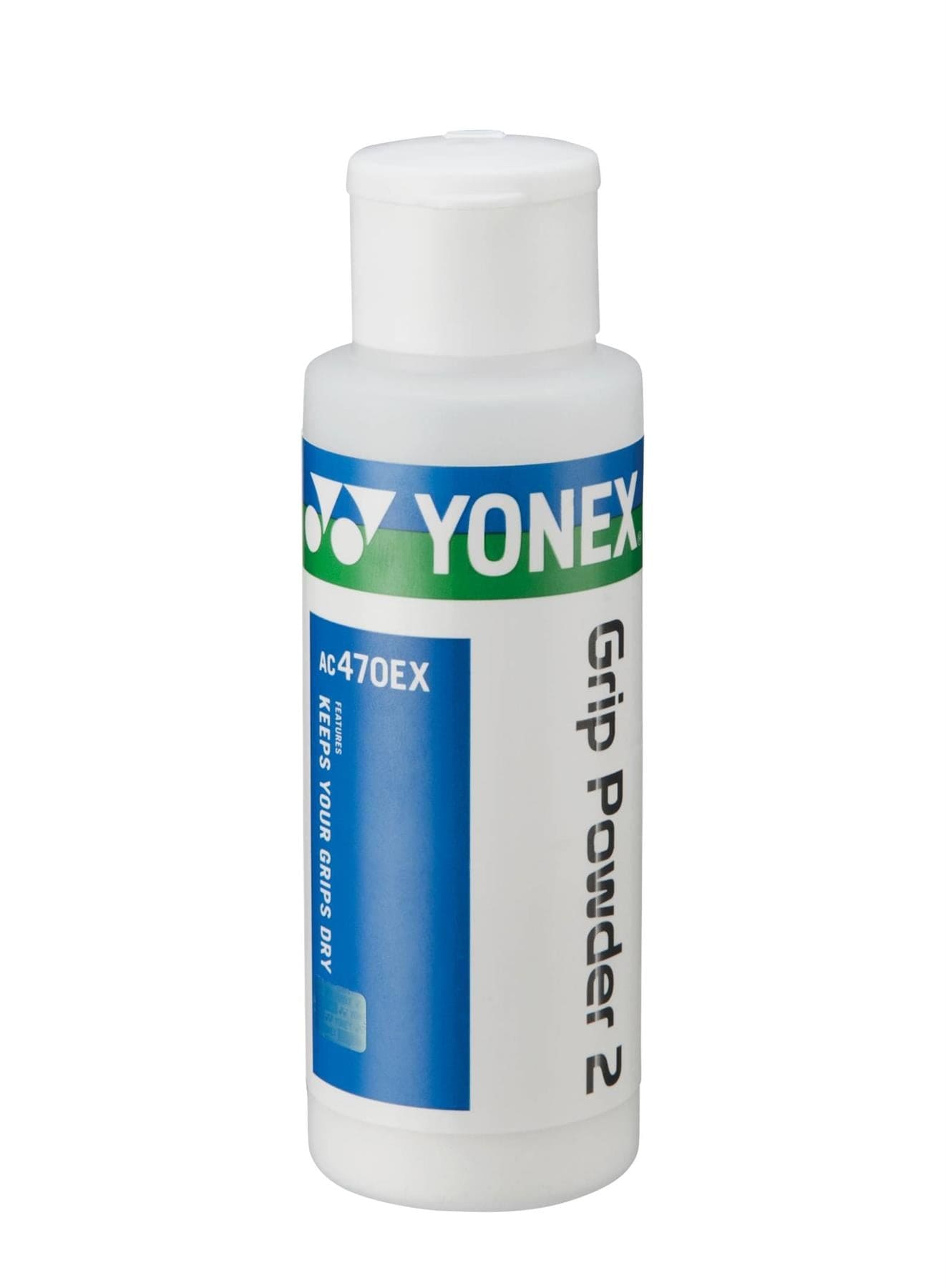 The product Yonex AC470EX Grip Powder 2 is presented in a white container adorned with a blue and green label. Designed to enhance grip, this item efficiently absorbs sweat to keep grips dry, ensuring peak performance.