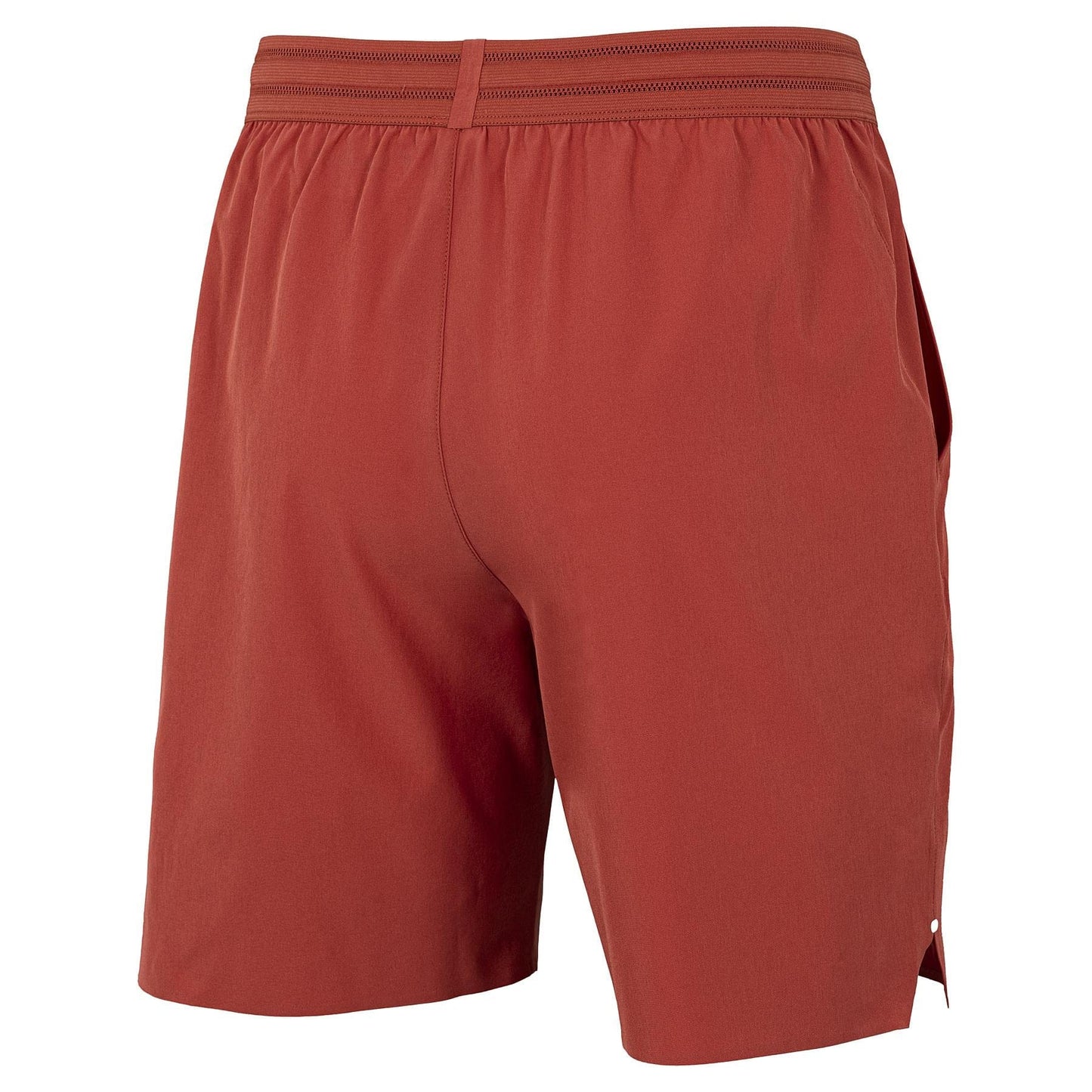 Back view of Tecnifibre Team Stretch Men's Tennis Shorts in terracotta, featuring an elastic waistband and side pockets, shown against a plain white background.