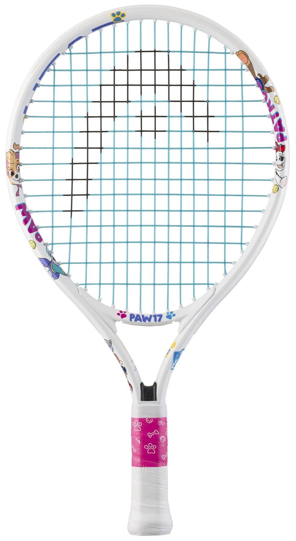 The HEAD x Paw Patrol 17 Junior Tennis Racket, in white, features fun PAW Patrol graphics, blue strings, and a pink grip with white paw prints—ideal for young players who love Paw Patrol.