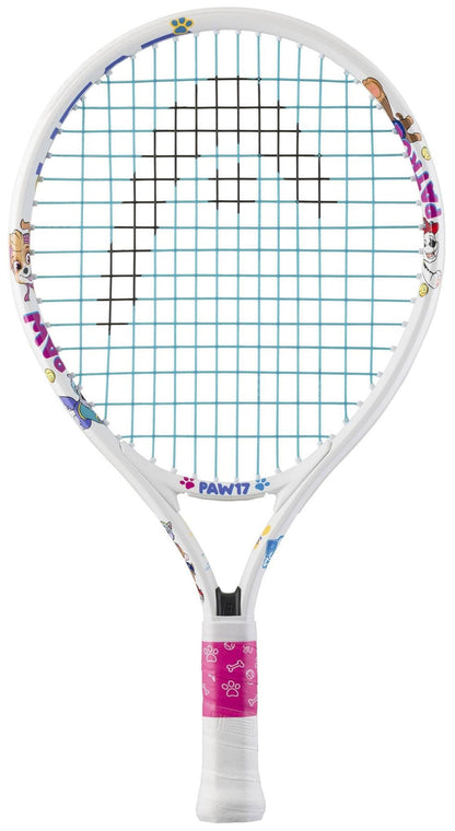 The HEAD x Paw Patrol 17 Junior Tennis Racket, in white, features fun PAW Patrol graphics, blue strings, and a pink grip with white paw prints—ideal for young players who love Paw Patrol.