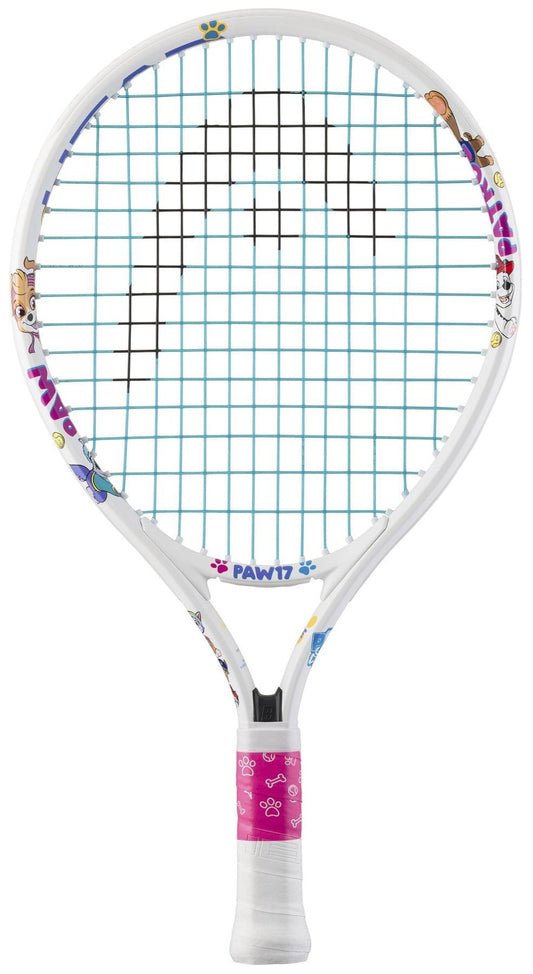 The HEAD x Paw Patrol 17 Junior Tennis Racket, in white, features fun PAW Patrol graphics, blue strings, and a pink grip with white paw prints—ideal for young players who love Paw Patrol.