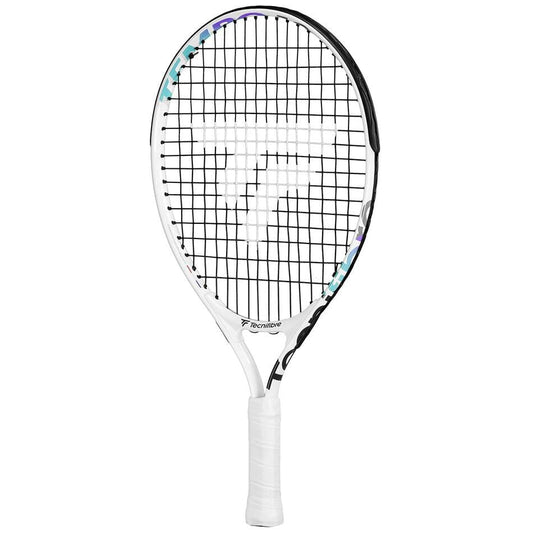 The Tecnifibre Tempo 19 Junior Tennis Racket in white showcases a black grip and strings, with the brand logo prominently featured on the strings. Its lightweight aluminum construction offers excellent maneuverability on the court.