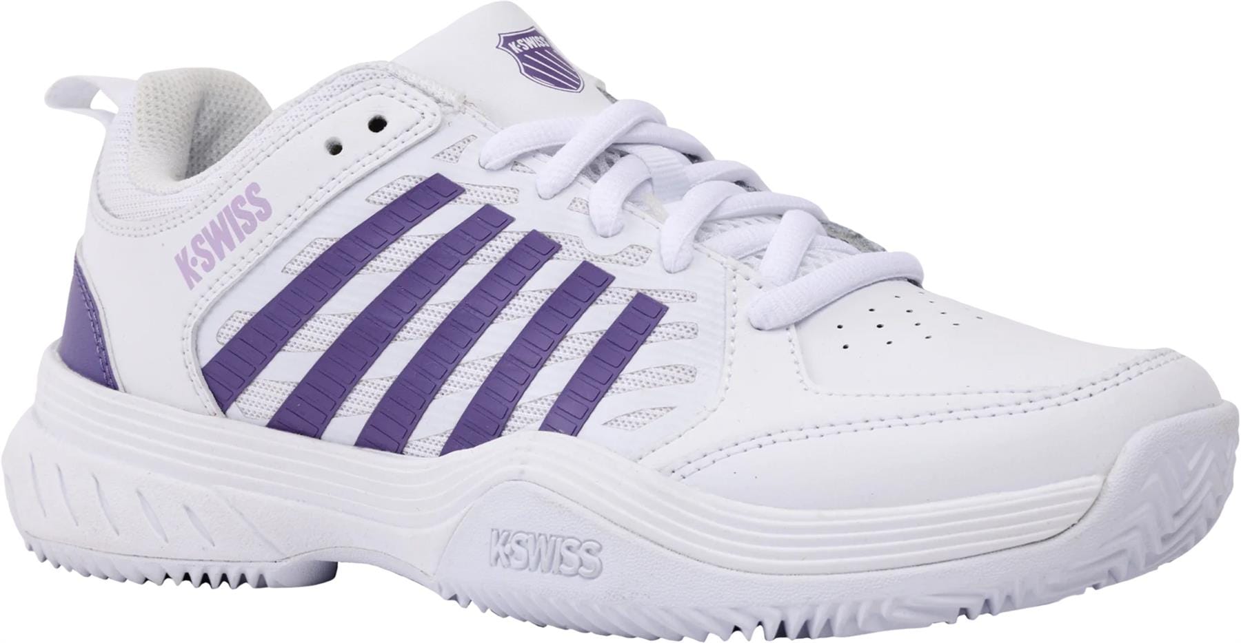 The K-Swiss Court Express 2 Clay Women’s Tennis Shoes in White/Purple Haze/Neo Lavender feature purple details, white laces, a textured clay court sole, and display the K-Swiss logo on the tongue and side.