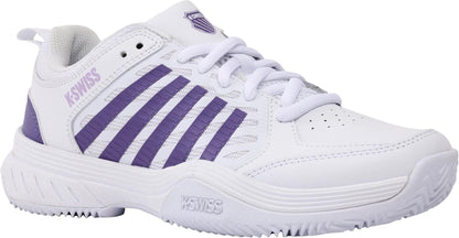 The K-Swiss Court Express 2 Clay Women’s Tennis Shoes in White/Purple Haze/Neo Lavender feature purple details, white laces, a textured clay court sole, and display the K-Swiss logo on the tongue and side.