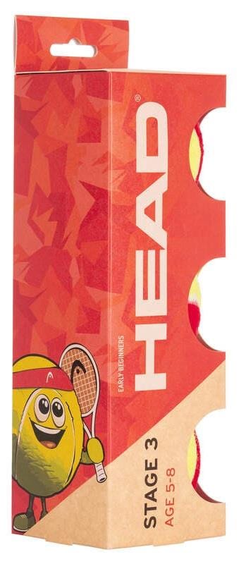 A rectangular red and tan HEAD box labeled "HEAD 3B Stage 3 Tennis Balls - Red" for ages 5-8 features a cartoon tennis ball with a racquet, cutouts displaying the beginner balls, and the "STAGE 3 AGE 5-8" marking.