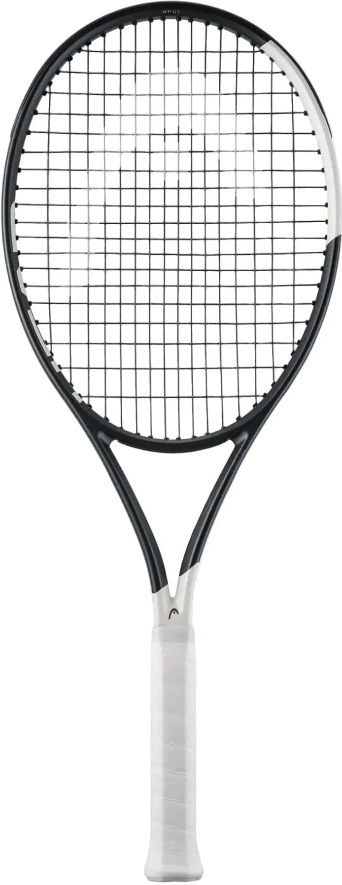 The HEAD Speed MP UL 2026 Tennis Racket by HEAD, in black and white with a white grip and Hy-Bor technology, is shown vertically against a plain white background.