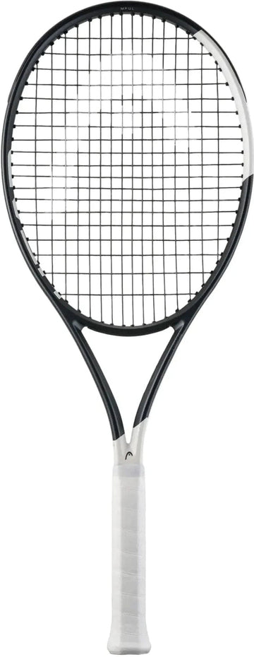 The HEAD Speed MP UL 2026 Tennis Racket by HEAD, in black and white with a white grip and Hy-Bor technology, is shown vertically against a plain white background.