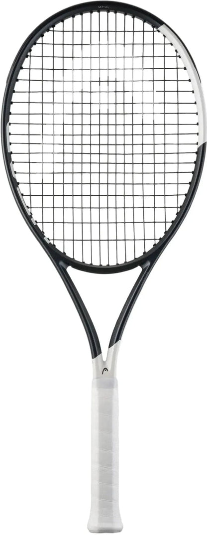 The HEAD Speed MP UL 2026 Tennis Racket by HEAD, in black and white with a white grip and Hy-Bor technology, is shown vertically against a plain white background.