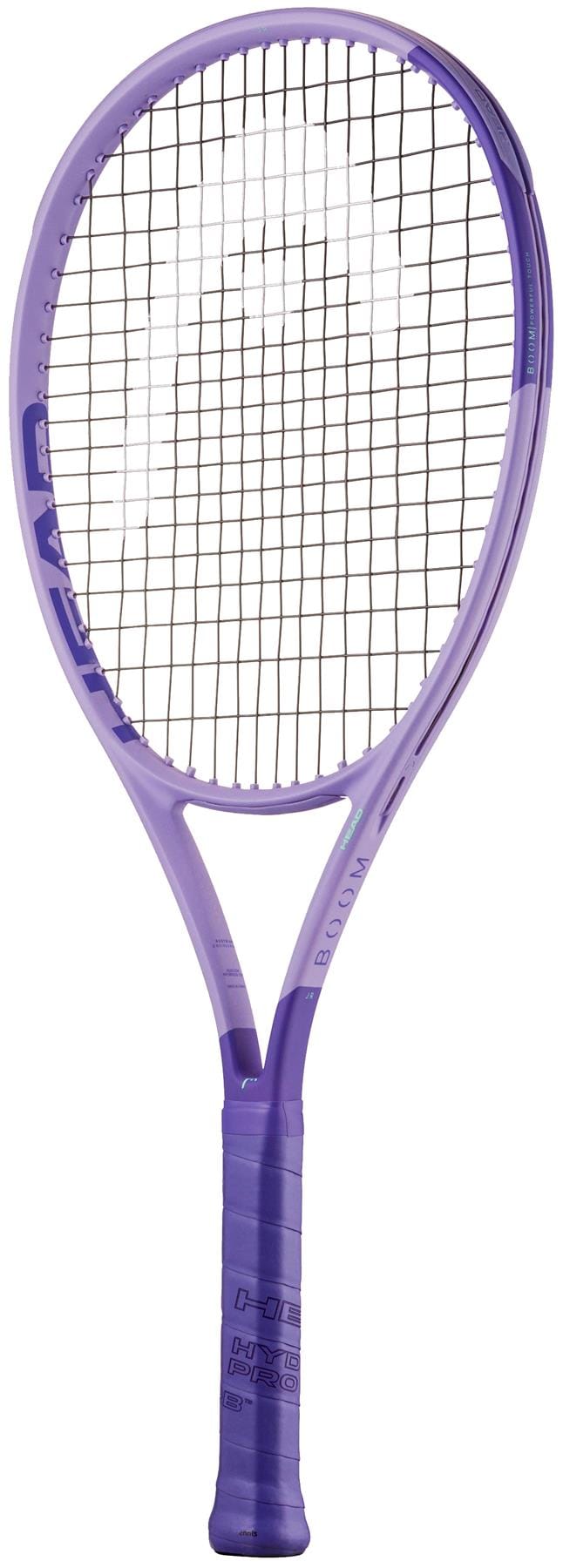 The HEAD Boom Jr Alternate 2026 Junior Tennis Racket, in purple with Hy-Bor technology, features a black string pattern and matching purple grip, displayed against a white background.