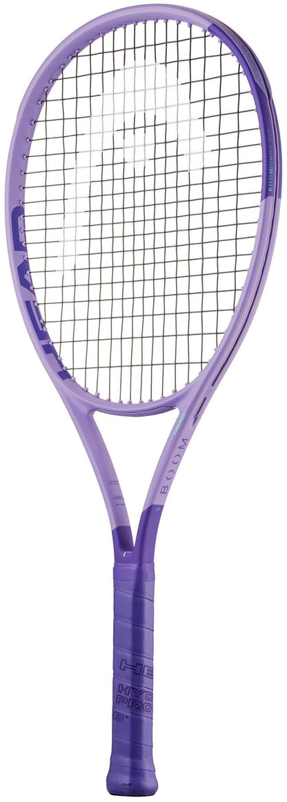 The HEAD Boom Jr Alternate 2026 Junior Tennis Racket, in purple with Hy-Bor technology, features a black string pattern and matching purple grip, displayed against a white background.