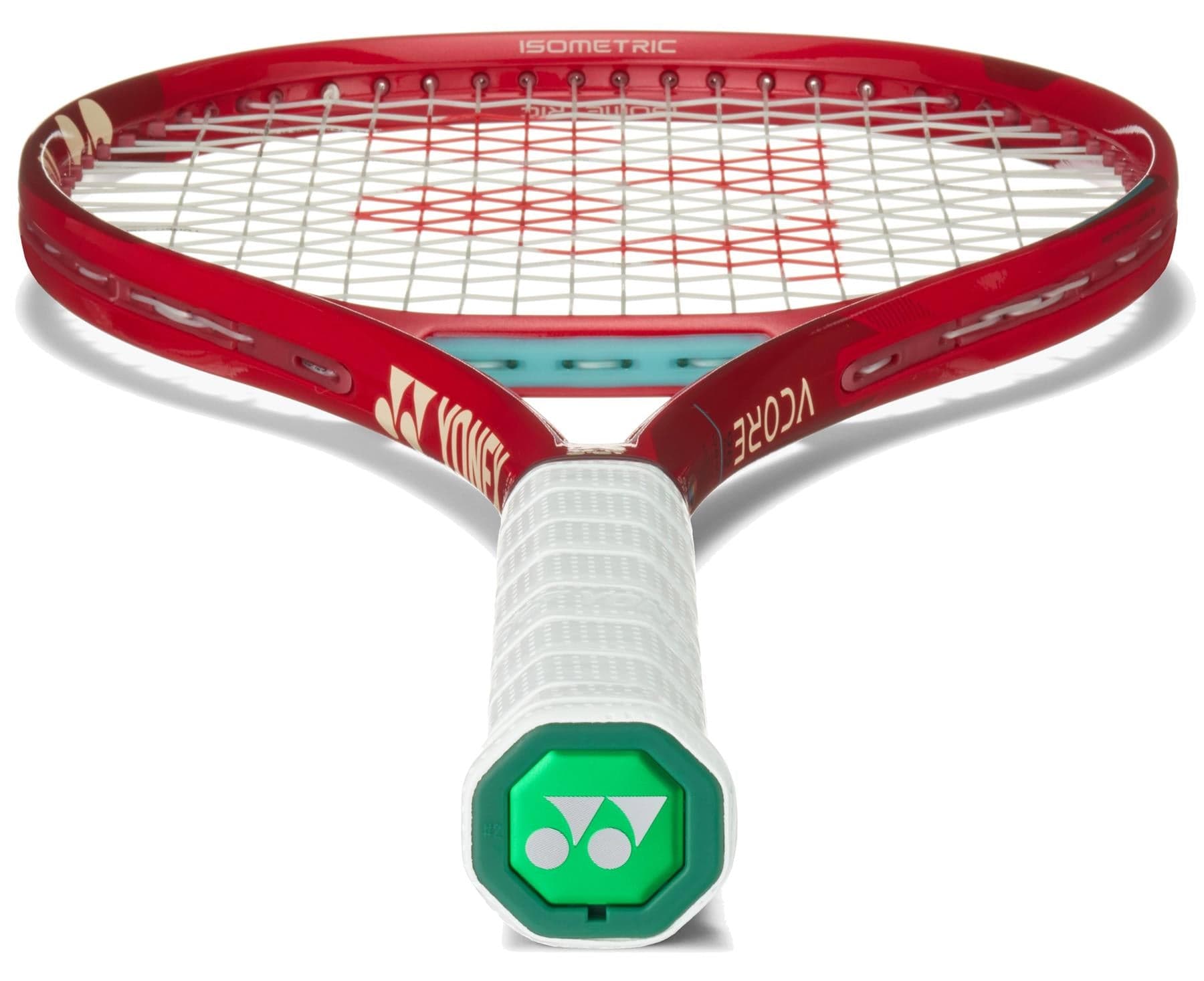 The Yonex VCORE 98 Tour Ruby Red 2026 tennis racket features a red frame, white strings, and a white grip, shown from the handle end facing forward with the head angled upward—ideal for players seeking maximum spin.