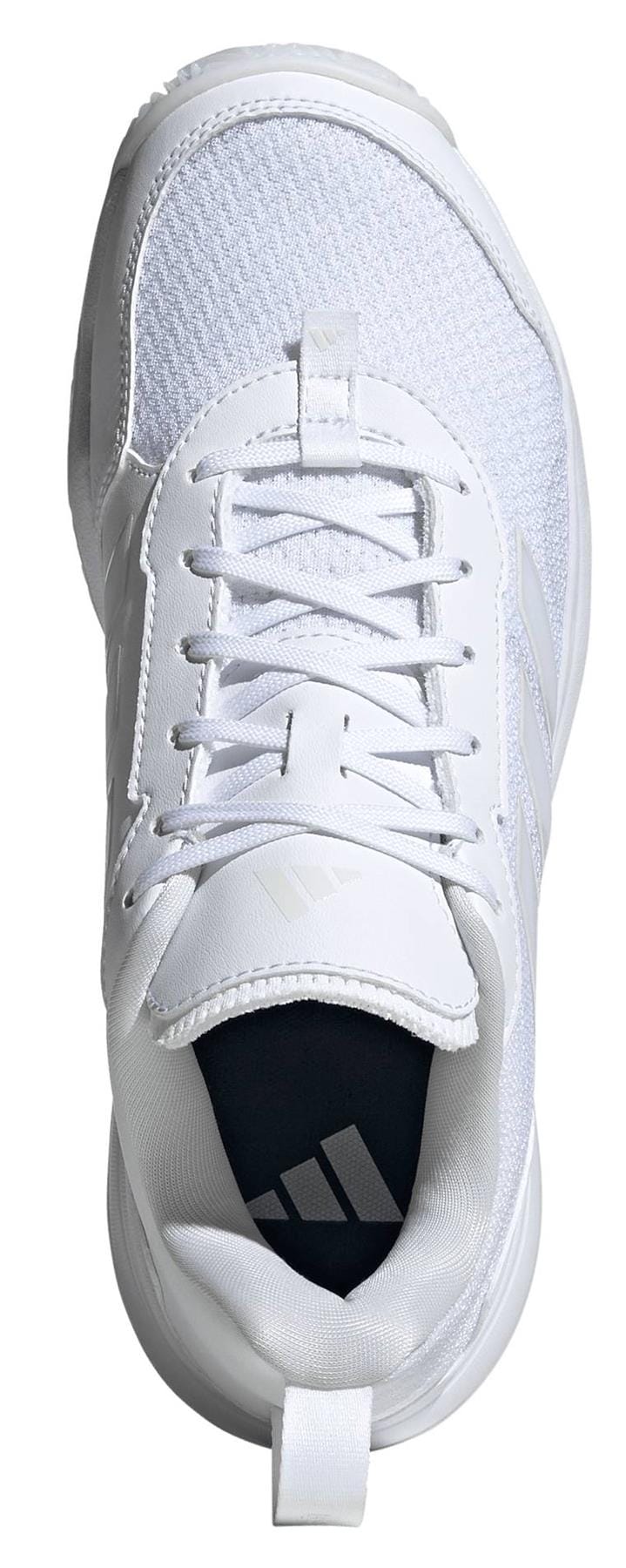 A top view of the adidas ADIDAS AvaFlash Womens Tennis Shoes - White reveals a clean white mesh and synthetic upper, subtle adidas stripes, white laces, and a black insole—ideal for court-ready performance.