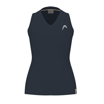 Introducing the HEAD Performance Women's Tennis Tank Top in navy. This sleeveless design features a V-neck and a subtle white logo on the left chest. Made with moisture transfer microfiber, it keeps you cool and comfortable on the court.