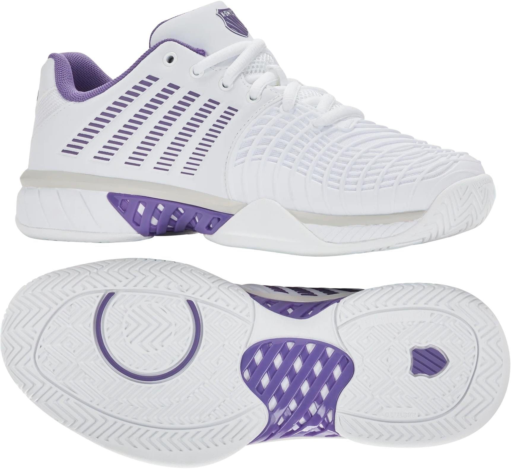 The K-Swiss Express Light 3 Womens Tennis Shoes in White/Purple Haze/Lunar Rock feature a vented upper with striped design, purple inner lining, and textured durable soles, shown from the side and bottom.