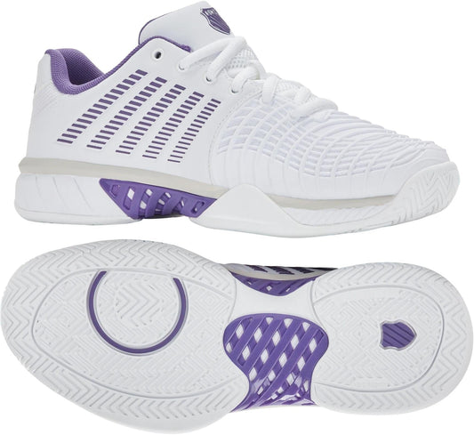 The K-Swiss Express Light 3 Womens Tennis Shoes in White/Purple Haze/Lunar Rock feature a vented upper with striped design, purple inner lining, and textured durable soles, shown from the side and bottom.