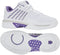 The K-Swiss Express Light 3 Womens Tennis Shoes in White/Purple Haze/Lunar Rock feature a vented upper with striped design, purple inner lining, and textured durable soles, shown from the side and bottom.