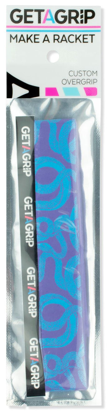 The Get A Grip Tennis Overgrip - Hydra features a purple grip with blue swirl designs and bold "MAKE A RACKET" branding, making it the perfect tennis gift for any player.