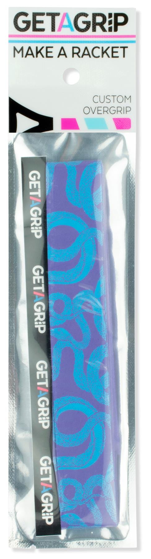 The Get A Grip Tennis Overgrip - Hydra features a purple grip with blue swirl designs and bold "MAKE A RACKET" branding, making it the perfect tennis gift for any player.