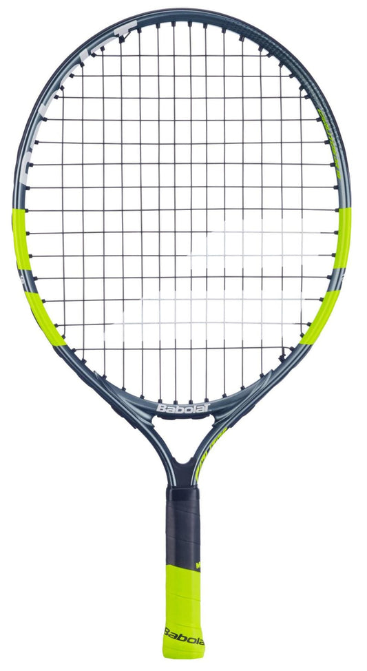 The Babolat Carlitos Junior 19 Tennis Racket by Babolat is a kids’ racket with a black and neon yellow frame, white strings, and a neon yellow grip.