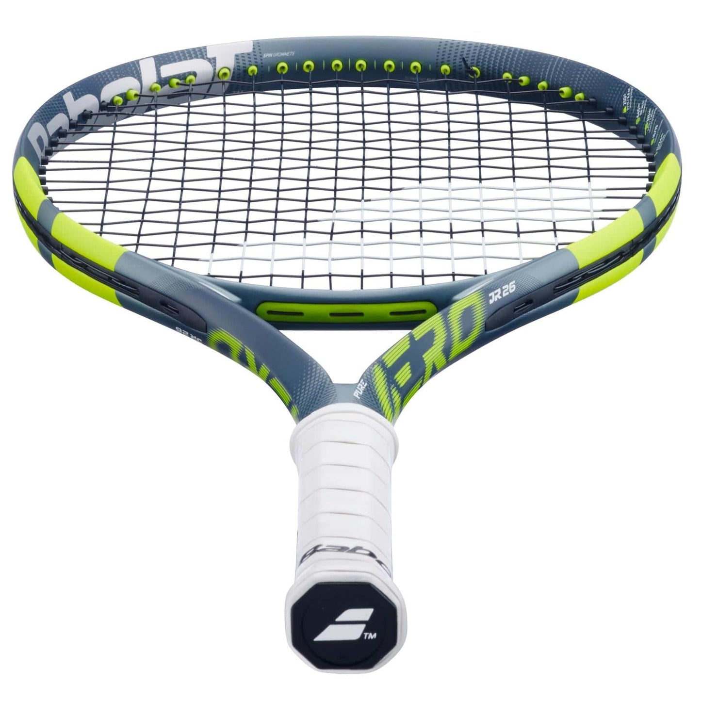 A close-up of the Babolat Pure Aero Junior 26 Tennis Racket 2026 shows its white grip, dark gray and neon yellow frame, black strings, and innovative spin technology, photographed from the handle end.