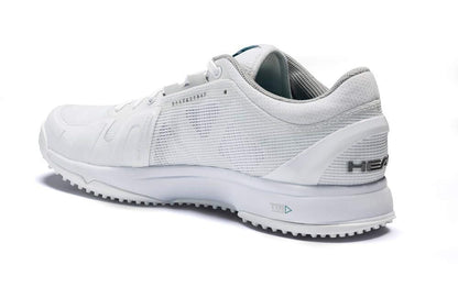 The HEAD Sprint Pro 3.0 Men's Grass Court Tennis Shoes in white and grey feature a textured upper with a subtle glimpse of the brand name on the heel. Highlighting Hybrasion+ Technology, the shoe's sole displays a distinct serrated pattern, and it is positioned to reveal both the side and back angles.