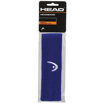The HEAD Tennis Headband in blue prominently displays a white logo and is marketed as "HEAD Tennis Headband - Blue," highlighting its "Sweat Absorption" feature. Designed for optimal elasticity, the packaging includes distinctive black and orange accents at the top.