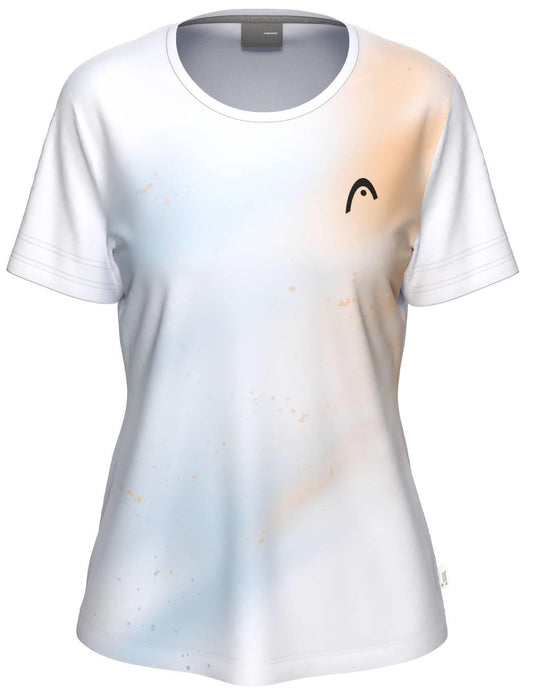 The HEAD Tie-Break II Women’s Tennis T-Shirt - APXW is a short-sleeved, white shirt with blue and orange gradients, a small black chest logo, and moisture-wicking fabric. Displayed on a plain white background.