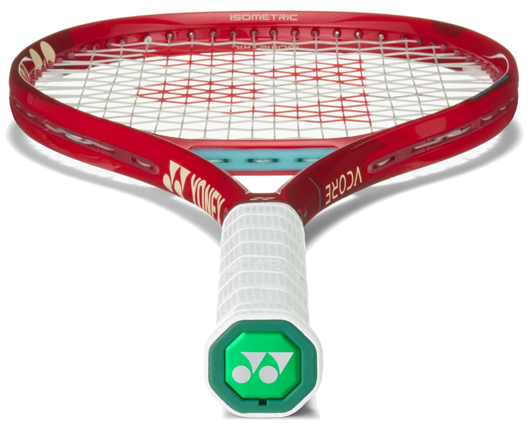 The Yonex VCORE 100D Ruby Red 2026 tennis racket is shown from the handle end, highlighting its white grip, green butt cap logo, and visible frame—ideal for players looking for extra spin potential.