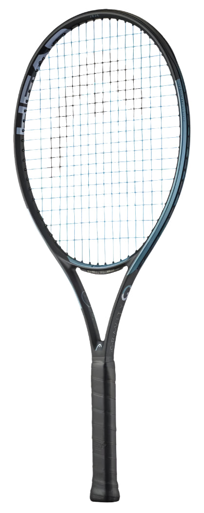 The HEAD IG Gravity Junior 26 2025 Tennis Racket - Black features a graphite composite frame with blue accents and Innegra™ technology. The strings create a tight grid pattern, complemented by a black grip handle. It's showcased upright against a plain white background.