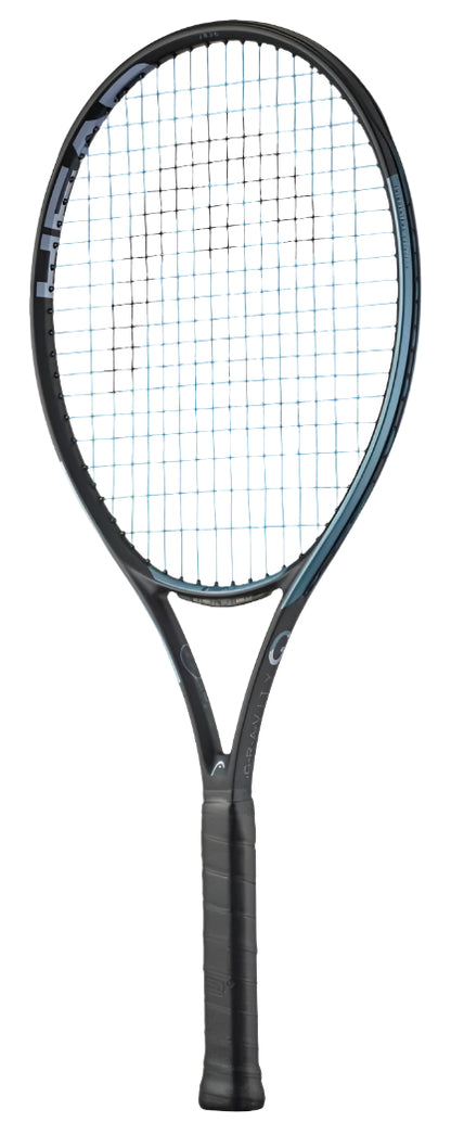 The HEAD IG Gravity Junior 26 2025 Tennis Racket - Black features a graphite composite frame with blue accents and Innegra™ technology. The strings create a tight grid pattern, complemented by a black grip handle. It's showcased upright against a plain white background.