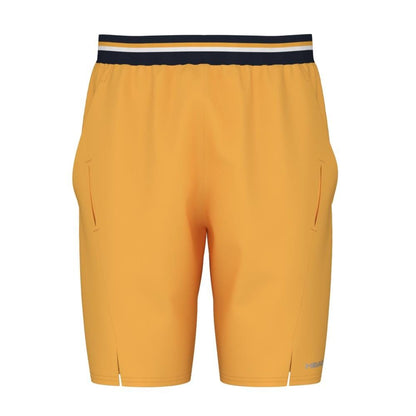 HEAD Performance Mens Tennis Shorts in banana yellow with a navy blue and white striped waistband, moisture-wicking fabric, and side slits at the hem.