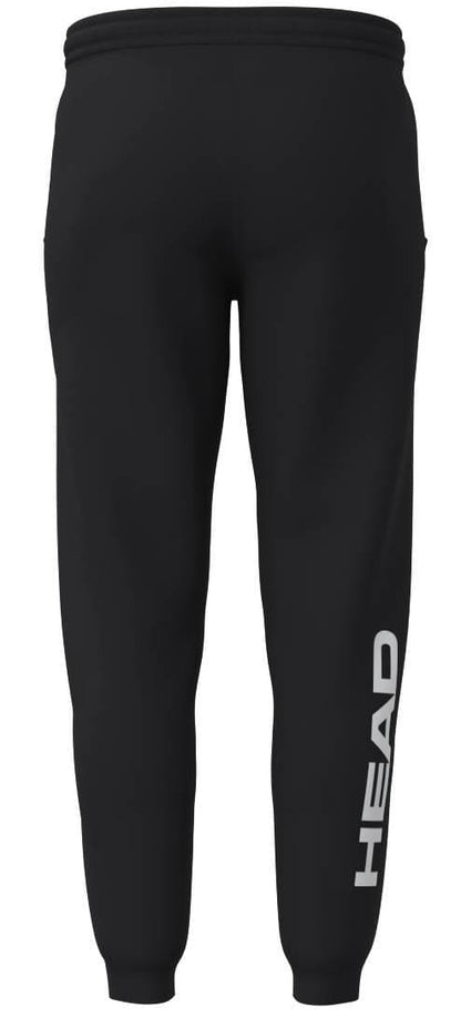 The HEAD Club Original Men's Tennis Pants in black feature soft French terry, an elastic waistband and cuffs, and bold white "HEAD" branding along the lower right leg.