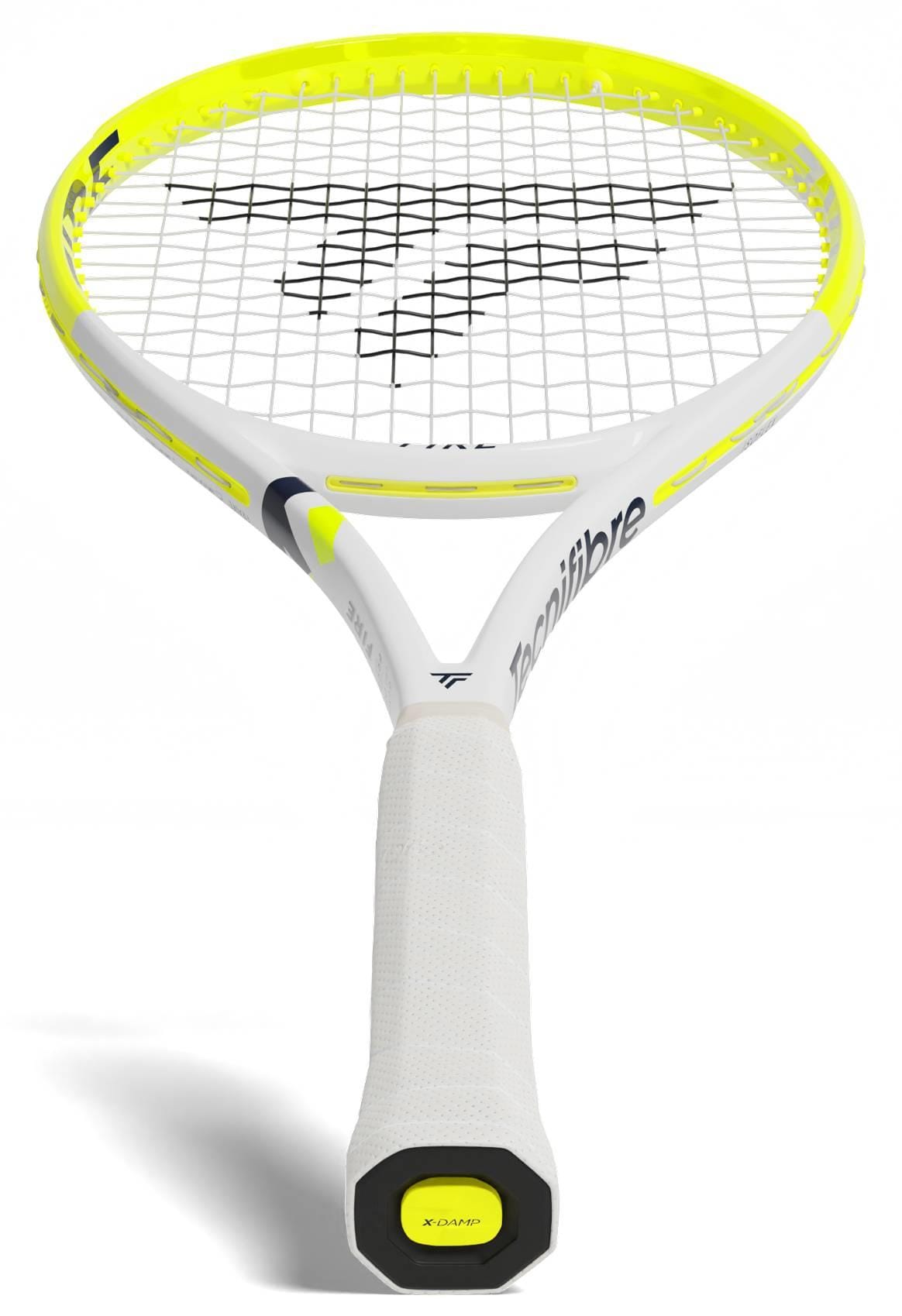 The Tecnifibre Fire 255 Tennis Racket, in white and yellow with a white grip, displays the Tecnifibre logo on the strings and frame branding. It features advanced vibration dampening technology and is shown against a white background.