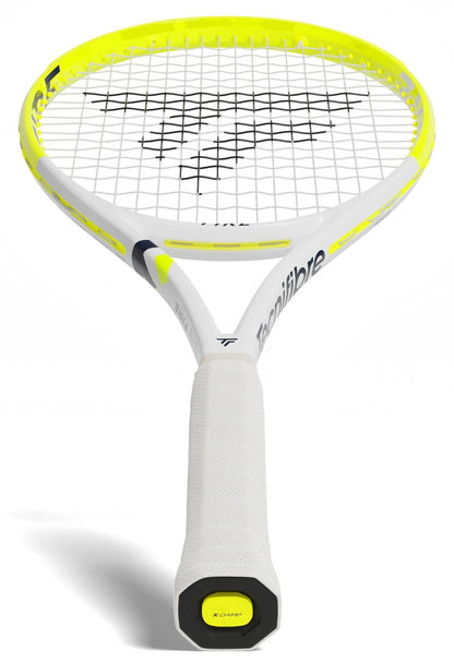 The Tecnifibre Fire 255 Tennis Racket, in white and yellow with a white grip, displays the Tecnifibre logo on the strings and frame branding. It features advanced vibration dampening technology and is shown against a white background.
