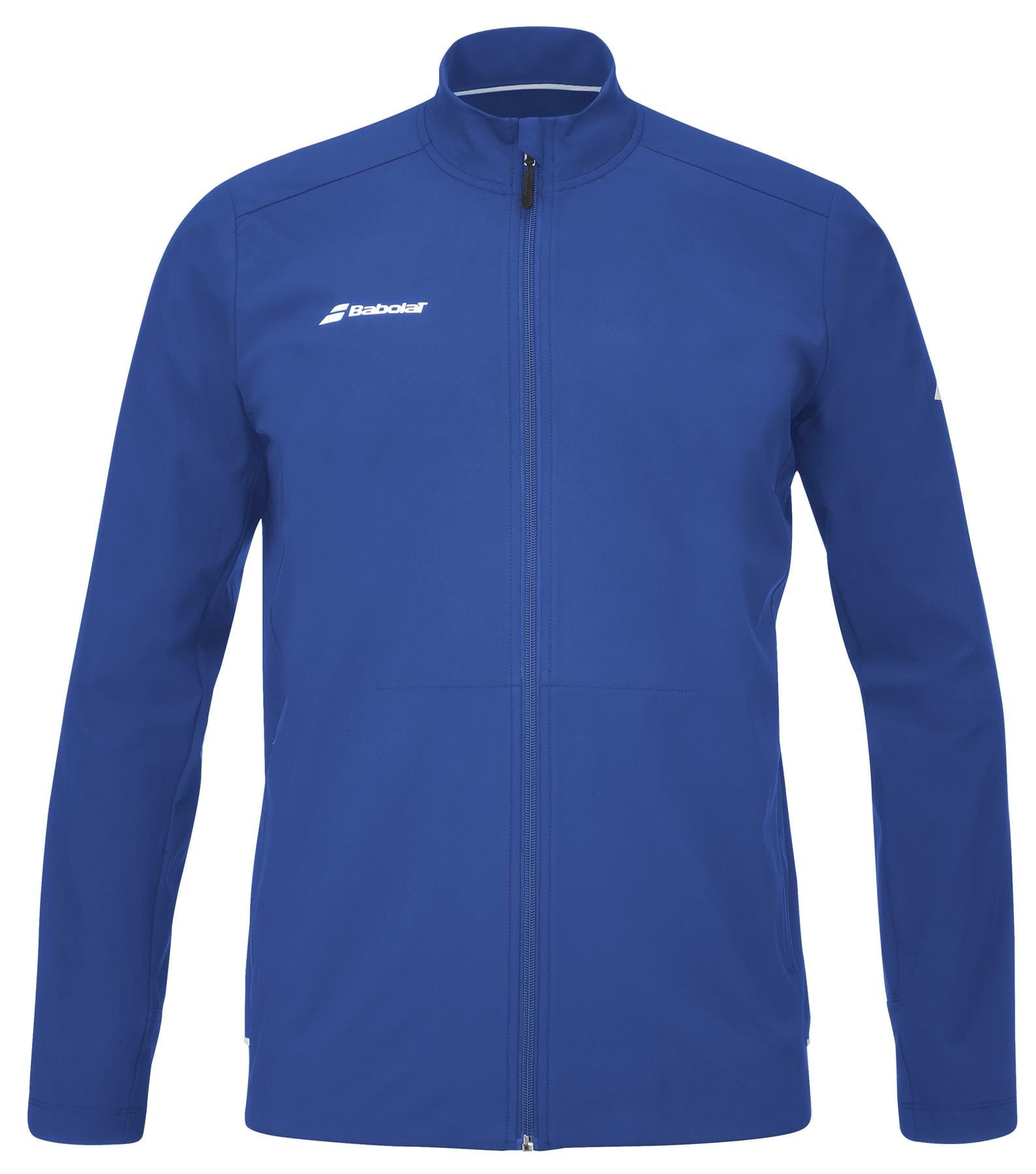 The Babolat Play Men's Tennis Jacket in Sodalite Blue is a stylish zip-up jacket featuring a high collar and a white logo on the left chest. Crafted from recycled polyester, it combines long sleeves and a sleek, minimalist design with Babolat's innovative Fiber Dry technology for maximum comfort.