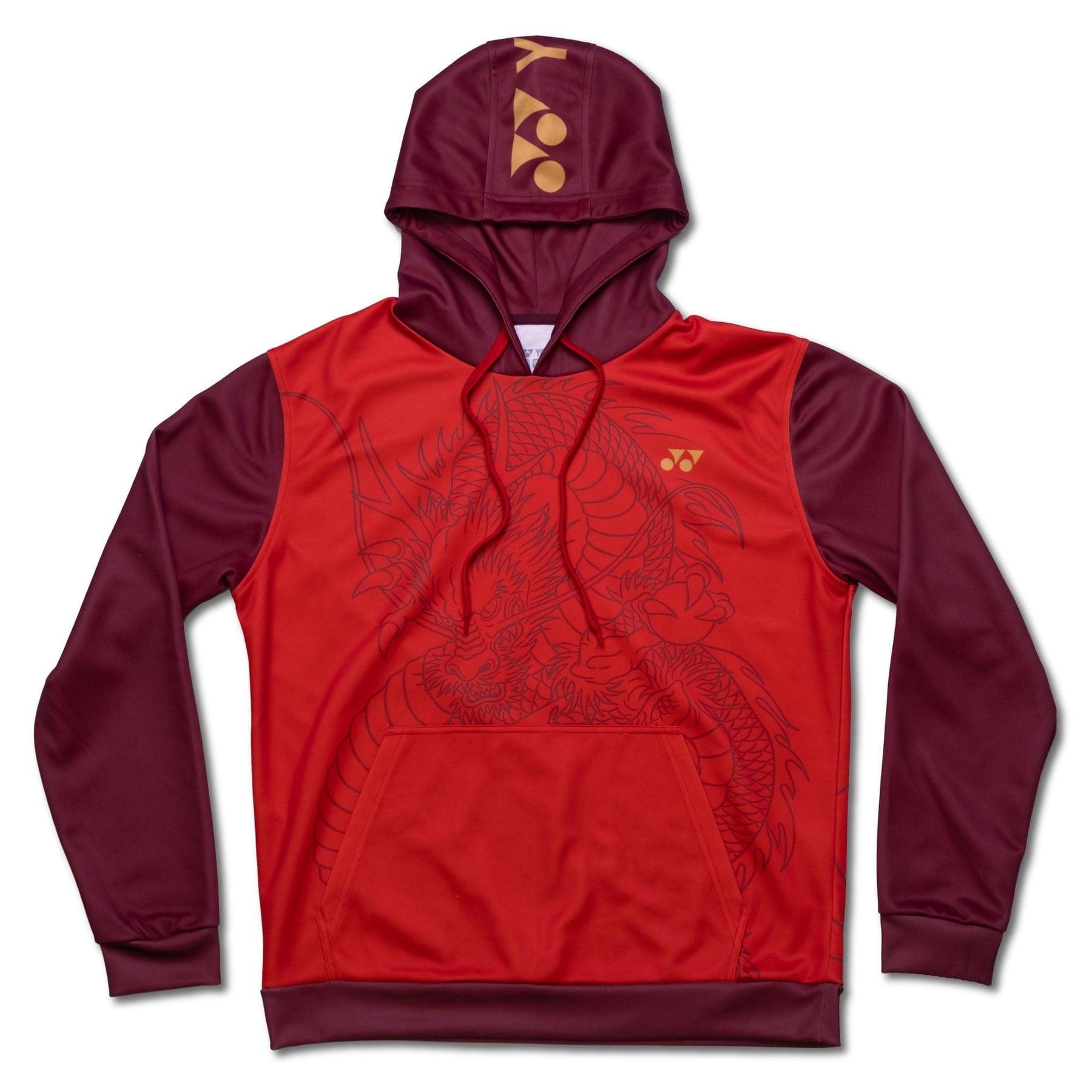 The Yonex CNY2024 Linear Dragon Unisex Tennis Hoodie in red, from Yonex, features a striking dragon graphic across the front. It is designed for comfort with its kangaroo pocket, drawstring hood, and a small geometric logo, making it perfect for celebrating the vibrant spirit of Chinese New Year.