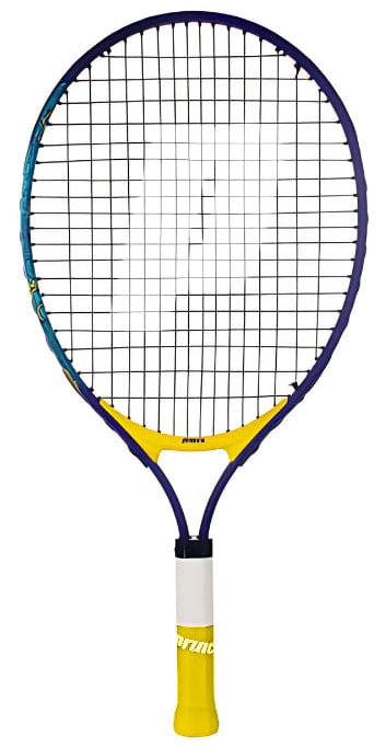 The Prince ace/Face 21 2025 Junior Tennis Racket by Prince features a blue frame, yellow handle grip, and black strings—lightweight and perfect for beginners. Shown upright against a white background.
