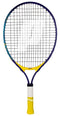 The Prince ace/Face 21 2025 Junior Tennis Racket by Prince features a blue frame, yellow handle grip, and black strings—lightweight and perfect for beginners. Shown upright against a white background.