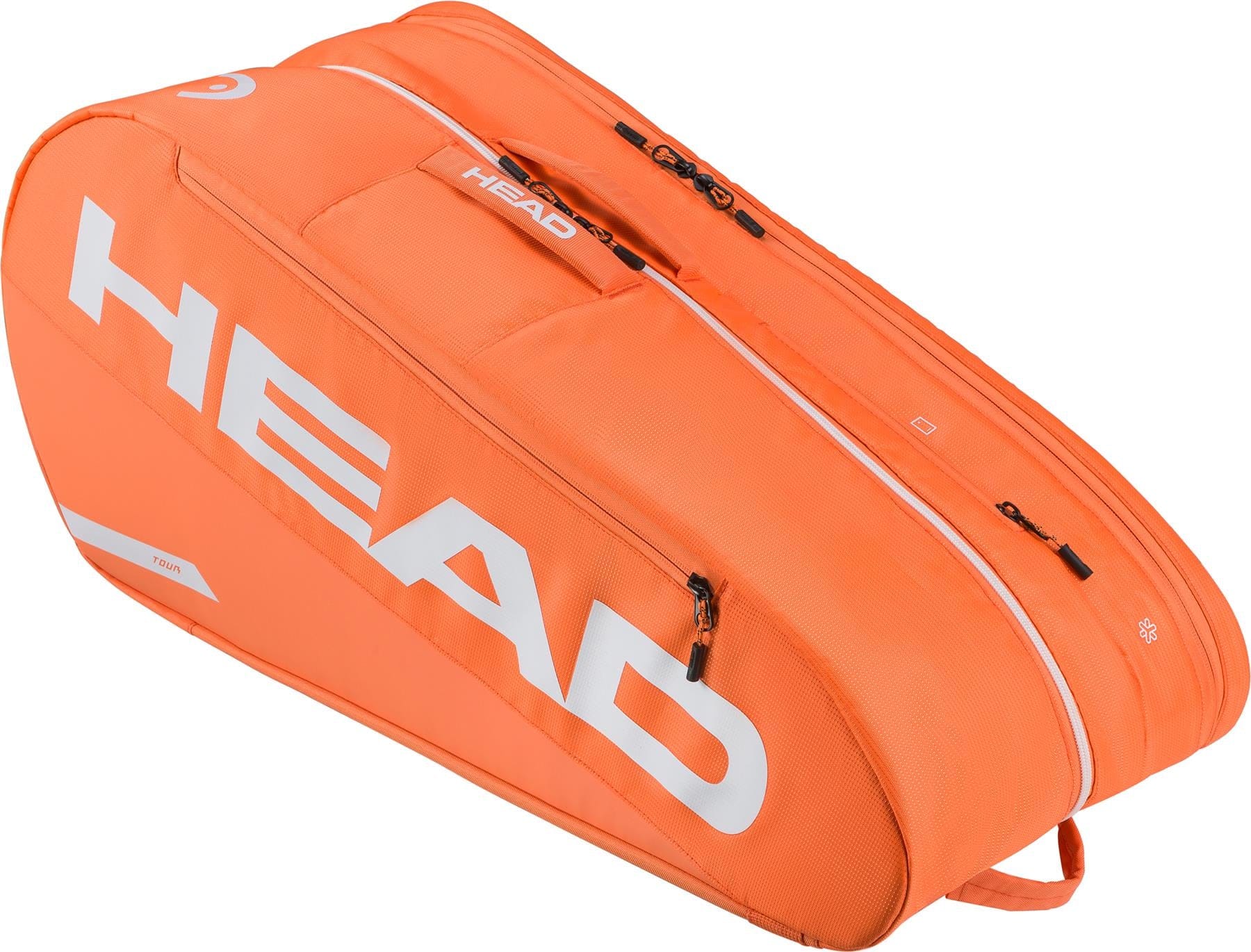 The HEAD Tour 9 Racket Tennis Bag L in orange, by HEAD, with white lettering, zippered compartments, and a shoulder strap, is displayed on a white background.