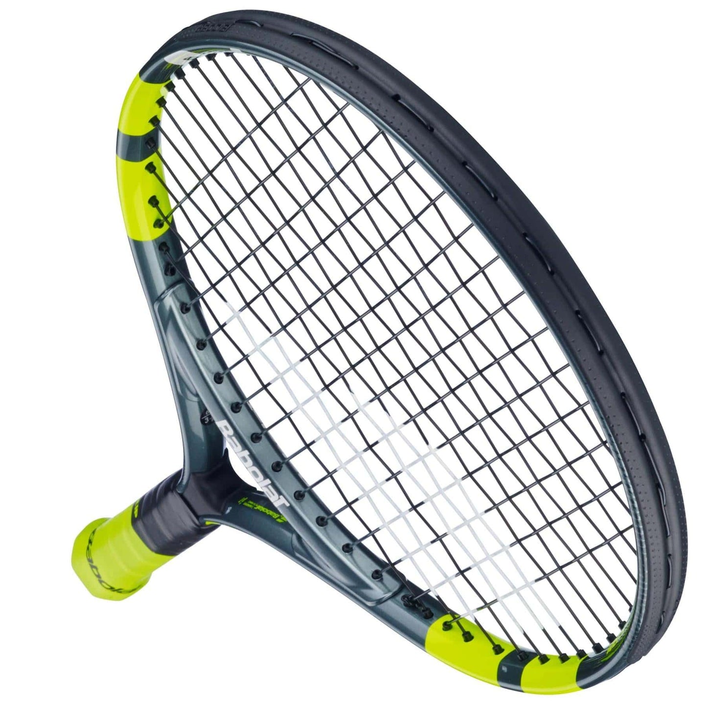 A close-up of the Babolat Carlitos Junior 21 Tennis Racket shows its lightweight black frame, neon yellow accents, tightly strung strings, and a matching neon yellow grip.