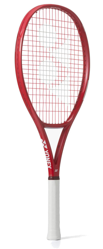 The Yonex VCORE 26 Junior Ruby Red 2026 Tennis Racket features a white grip, red and white string pattern, isometric technology, and the Yonex logo on the throat.