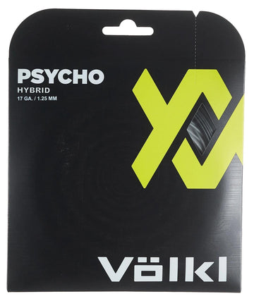 The packaging for the Volkl Psycho Hybrid Tennis String Set in black and silver (12m), which includes Cyclone string, is marked 17 GA / 1.25 MM and features a prominent yellow logo on the front.