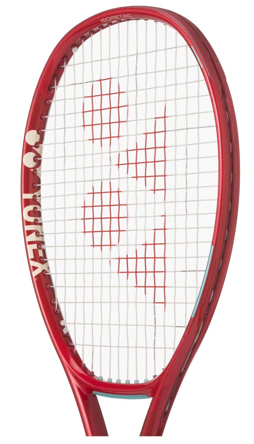 The Yonex VCORE 95 2026 Ruby Red Tennis Racket features white strings with the Yonex logo at the center and the brand name along the side, engineered for maximum spin.