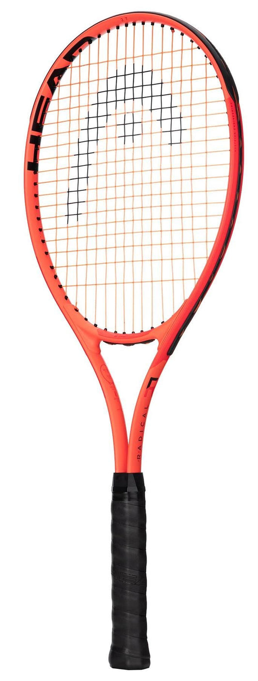 The HEAD Radical 27 Tennis Racket 2025 by HEAD, in red and black with orange strings and the brand name on the frame, is shown on a white background—ideal for adult players.