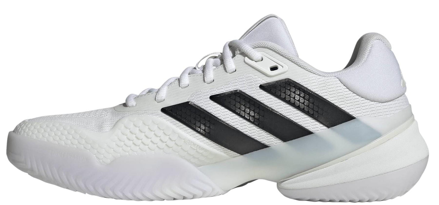 The adidas ADIDAS Barricade 14 Men's Tennis Shoes in white feature black stripes, a textured toe, white laces, and a thick white and translucent sole, inspired by classic men's tennis shoe design.